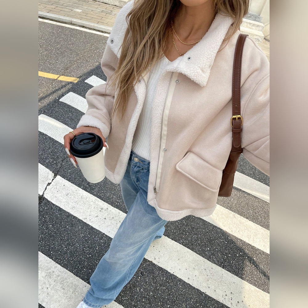 Winter Women Jacket Women's Loose Fit Zip-Up Collar Fleece Lined Casual Jacket F - Picture 5 of 6